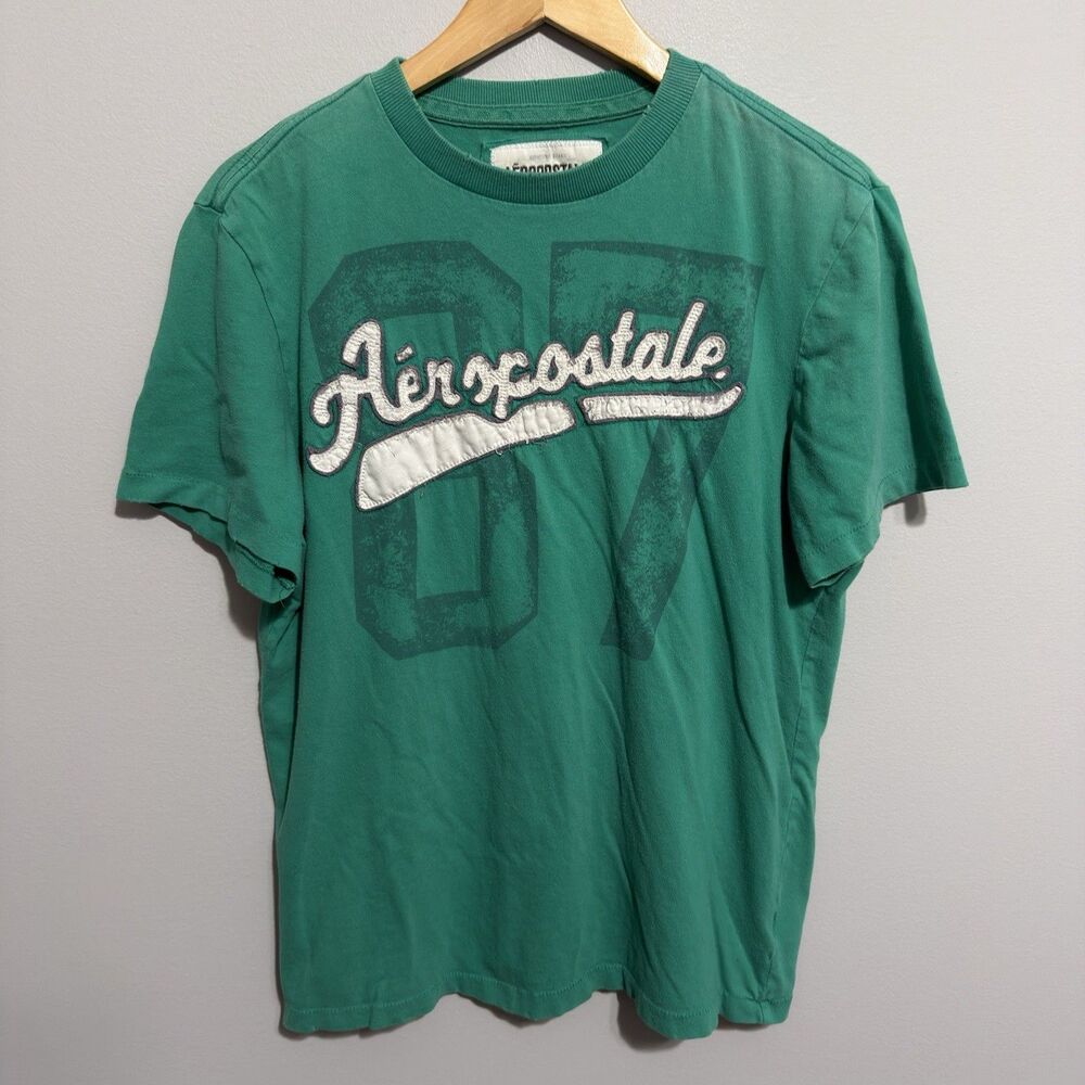 Y2K Aeropostale Mens Large Green Short Sleeve T Shirt Raised Embroidered Logo